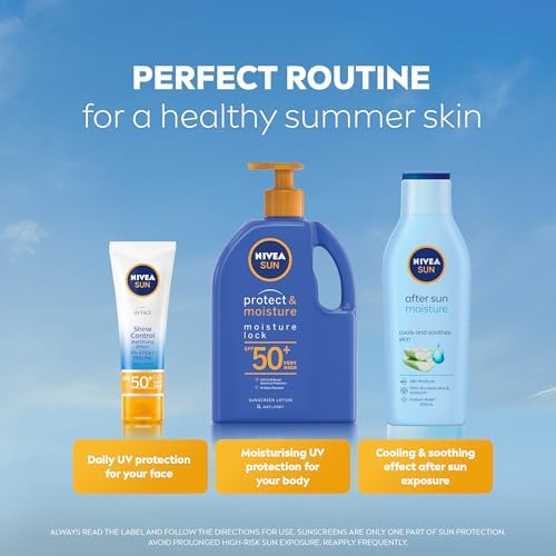 NIVEA SUN Protect & Moisture, Moisture Lock Sunscreen Lotion SPF 50+ 1L | Moisturising Sunscreen With Panthenol & Vitamin E | 4-hours Water Resistance | Made in Australia