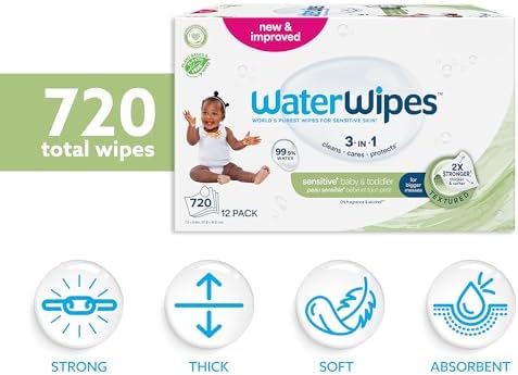 WaterWipes Sensitive+ Baby & Toddler Wipes, 720 Count (12 Packs), 3-In-1 Cleans, Cares, Protects, 99.9% Water, Textured Clean, Unscented