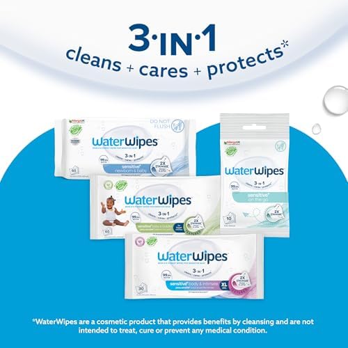 WaterWipes Sensitive+ Baby & Toddler Wipes, 720 Count (12 Packs), 3-In-1 Cleans, Cares, Protects, 99.9% Water, Textured Clean, Unscented
