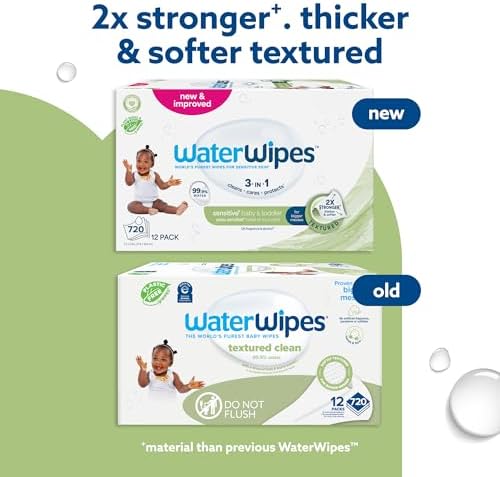 WaterWipes Sensitive+ Baby & Toddler Wipes, 720 Count (12 Packs), 3-In-1 Cleans, Cares, Protects, 99.9% Water, Textured Clean, Unscented