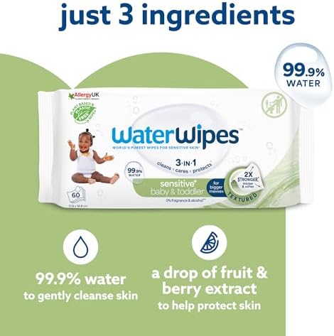 WaterWipes Sensitive+ Baby & Toddler Wipes, 720 Count (12 Packs), 3-In-1 Cleans, Cares, Protects, 99.9% Water, Textured Clean, Unscented