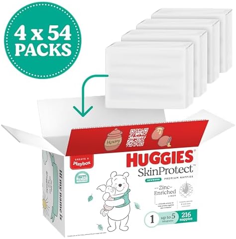Huggies Skin Protect Newborn Nappies Size 1 (up to 5kg) 216 Count - One Month Supply (Packaging May Vary)