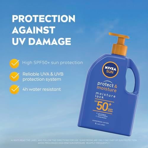 NIVEA SUN Protect & Moisture, Moisture Lock Sunscreen Lotion SPF 50+ 1L | Moisturising Sunscreen With Panthenol & Vitamin E | 4-hours Water Resistance | Made in Australia