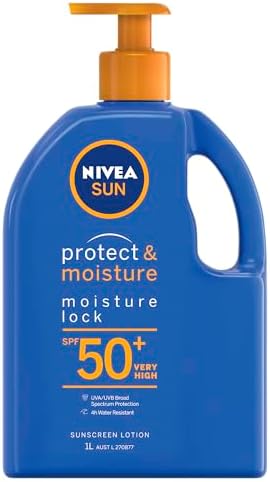 NIVEA SUN Protect & Moisture, Moisture Lock Sunscreen Lotion SPF 50+ 1L | Moisturising Sunscreen With Panthenol & Vitamin E | 4-hours Water Resistance | Made in Australia
