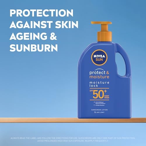 NIVEA SUN Protect & Moisture, Moisture Lock Sunscreen Lotion SPF 50+ 1L | Moisturising Sunscreen With Panthenol & Vitamin E | 4-hours Water Resistance | Made in Australia