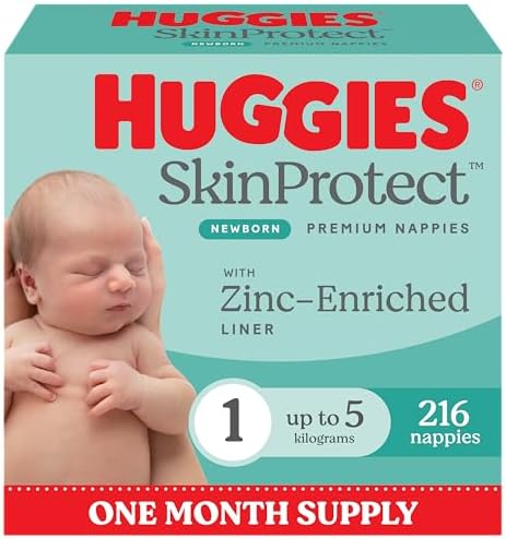 Huggies Skin Protect Newborn Nappies Size 1 (up to 5kg) 216 Count - One Month Supply (Packaging May Vary)