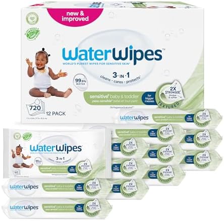 WaterWipes Sensitive+ Baby & Toddler Wipes, 720 Count (12 Packs), 3-In-1 Cleans, Cares, Protects, 99.9% Water, Textured Clean, Unscented