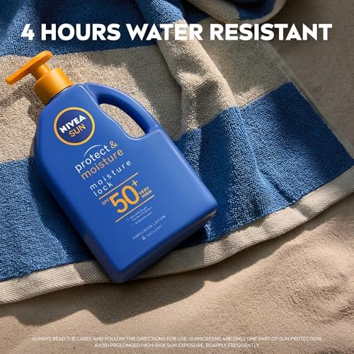 NIVEA SUN Protect & Moisture, Moisture Lock Sunscreen Lotion SPF 50+ 1L | Moisturising Sunscreen With Panthenol & Vitamin E | 4-hours Water Resistance | Made in Australia